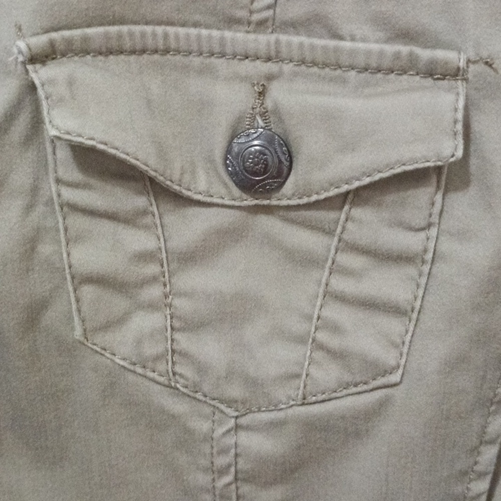 Baccini Taupe Jacket with Ruffle Trim Metal Buttons Ladies Large - Picture 5 of 12